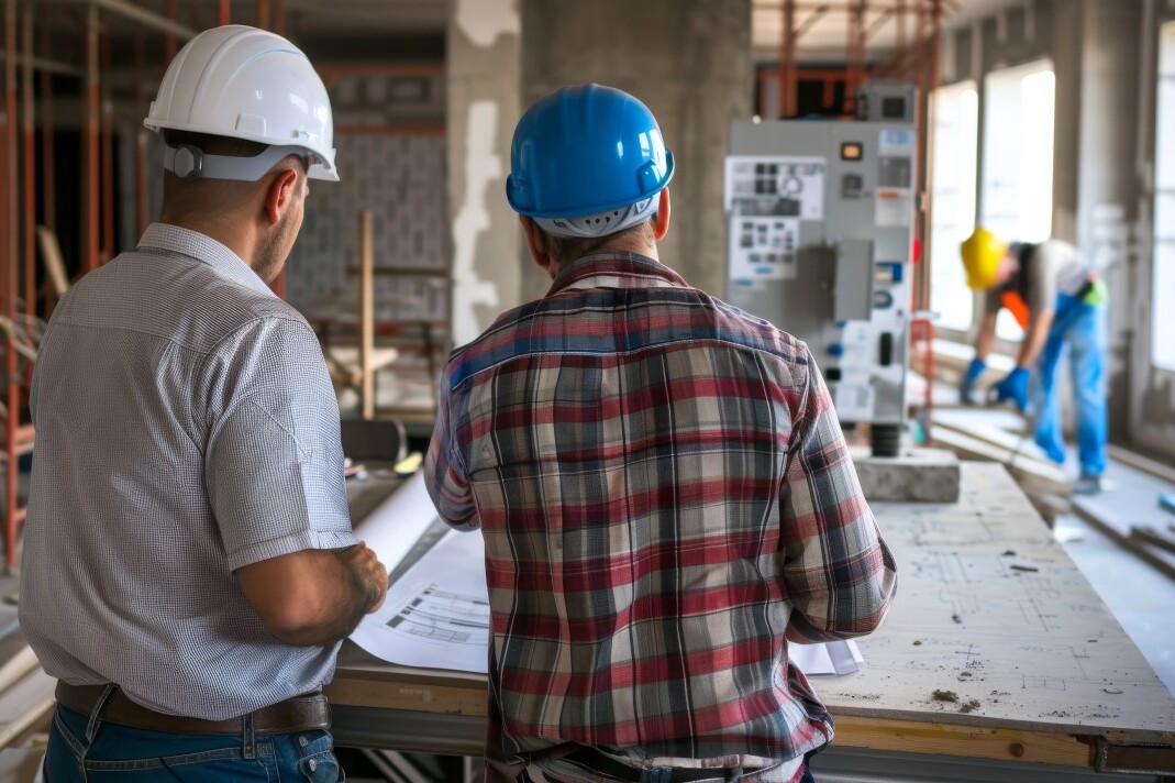 Zwei Männer mit Arbeitsschutzhelm beobachten Baustelle.