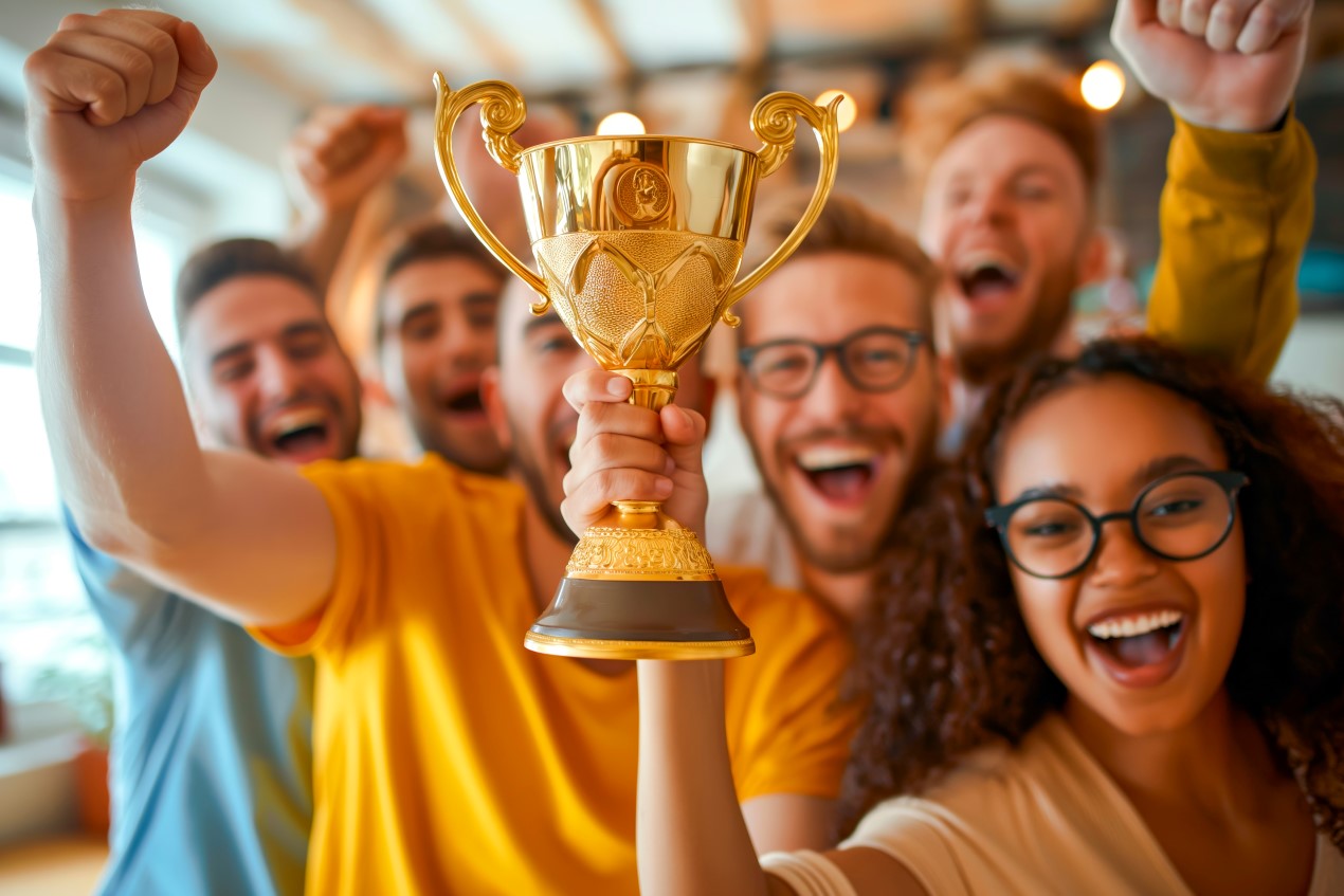 Junge Erwachsene halten Pokal in die Höhe und freuen sich.